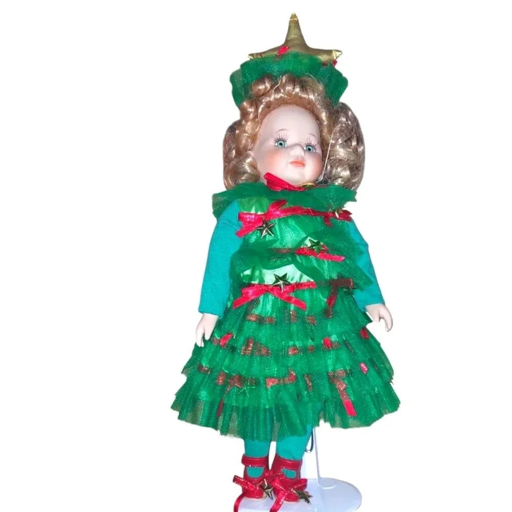 NIB 16" Porcelain Chrstmas Tree Doll On Stand